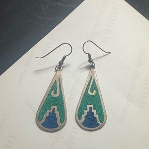 Vintage sterling silver and inlaid stone Taxco dangle earrings.